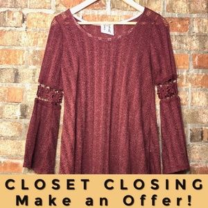 PPLA maroon crochet knit long sleeve top sz Small